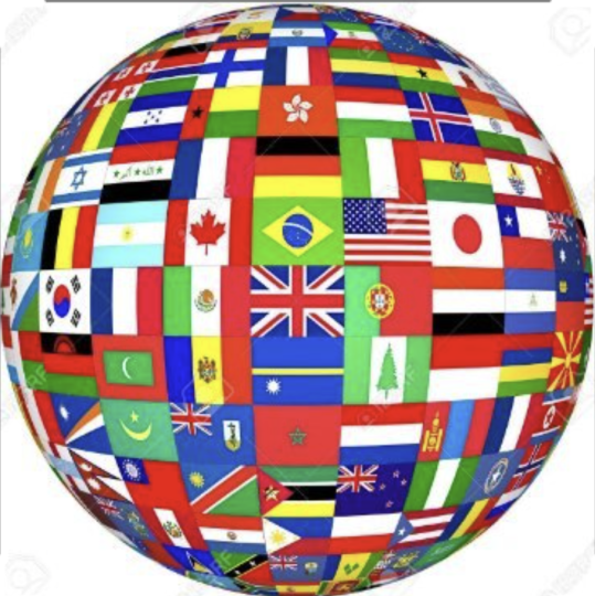 Many country flags overlap each other, arranged as if wrapped around a globe of the world.